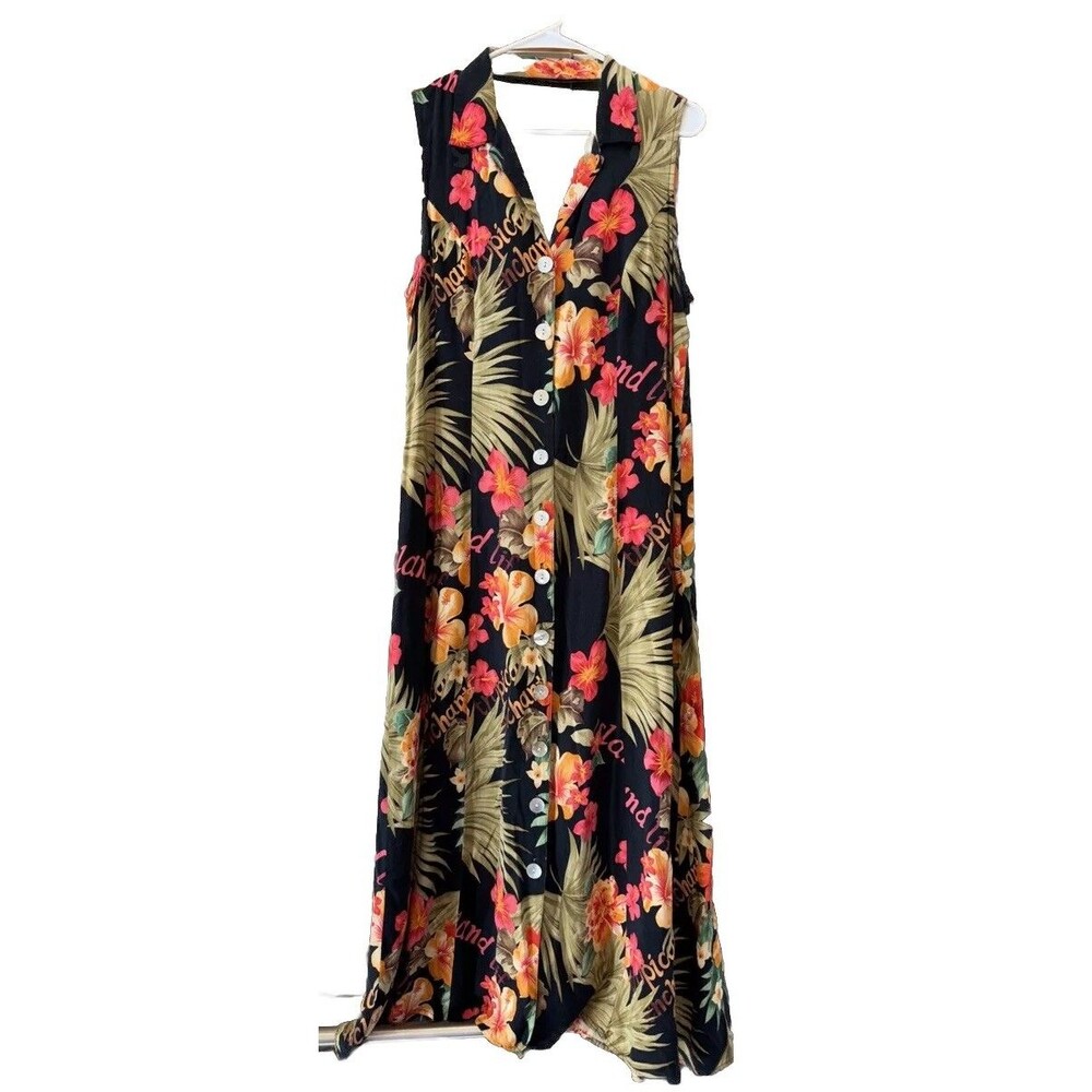 California Krush Vintage Tropical Floral Maxi Dress buttons hibiscus 12 V Neck